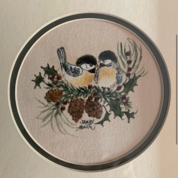 SANDY HONAN THEOREM PAINTING, BIRDS PINECONES & RED BERRIES, 8.75" SQUARE - Picture 2 of 5